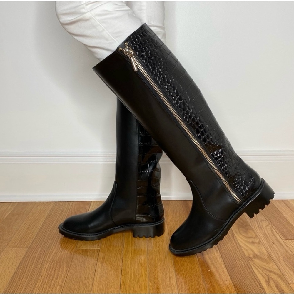 ZARA NWT Black Croc Knee High Riding Boots Size:8